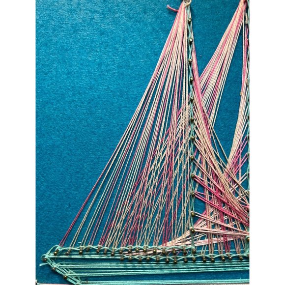 Vintage String Thread Art Sailing Ship 1970's Nail Blue Boat Felt Wood Backing - Picture 2 of 8